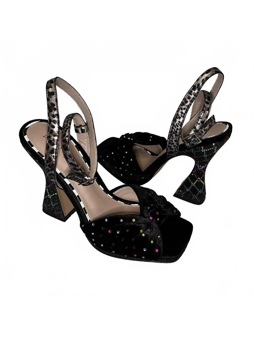 Betsey Johnson Alianna Black Velvet Heels with Multicolor Rhinestones Size 7.5